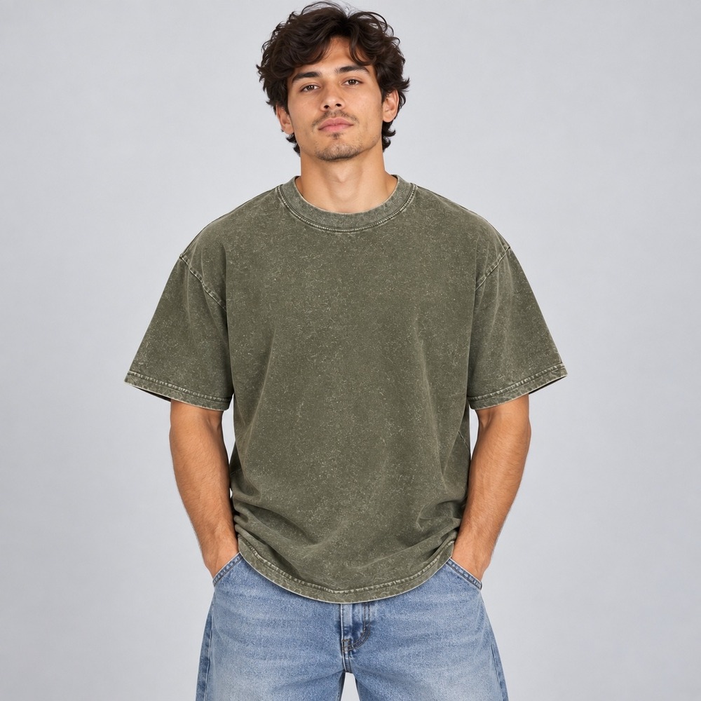 Streetwear T-Shirt Mens Large Olive Green Acid Wash Cotton Oversized Streetwear